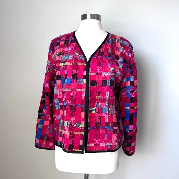 Chico's Patchwork Vintage Blazer Silk Linen Blend Open Cardigan Blazer Size 1 - Picture 1 of 14